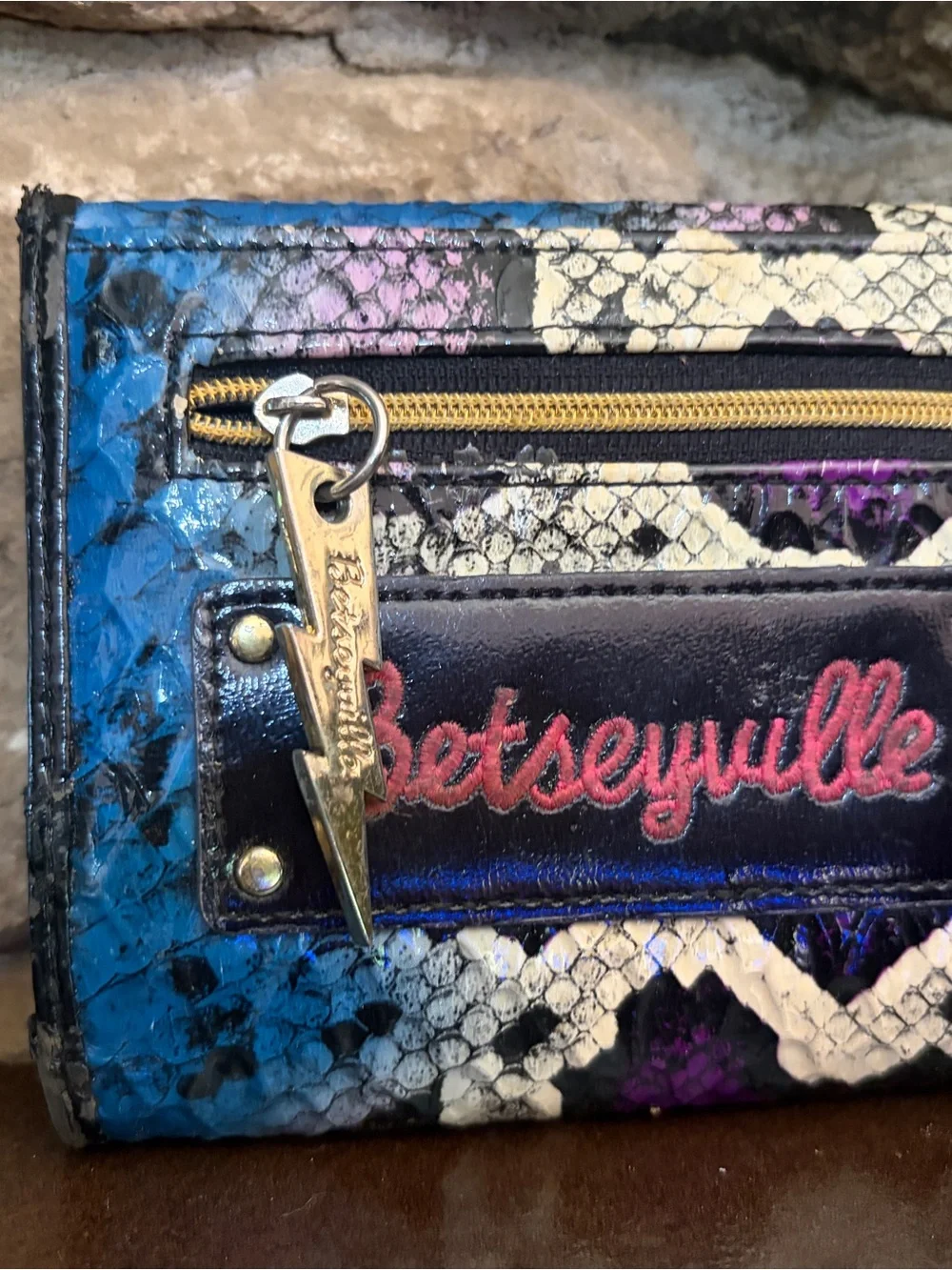 Betsey Johnson Betseyville Blue Purple Cream Snake-Print Wallet